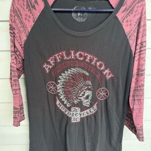 Affliction Women's Black and Pink 3/4 Sleeve Tee